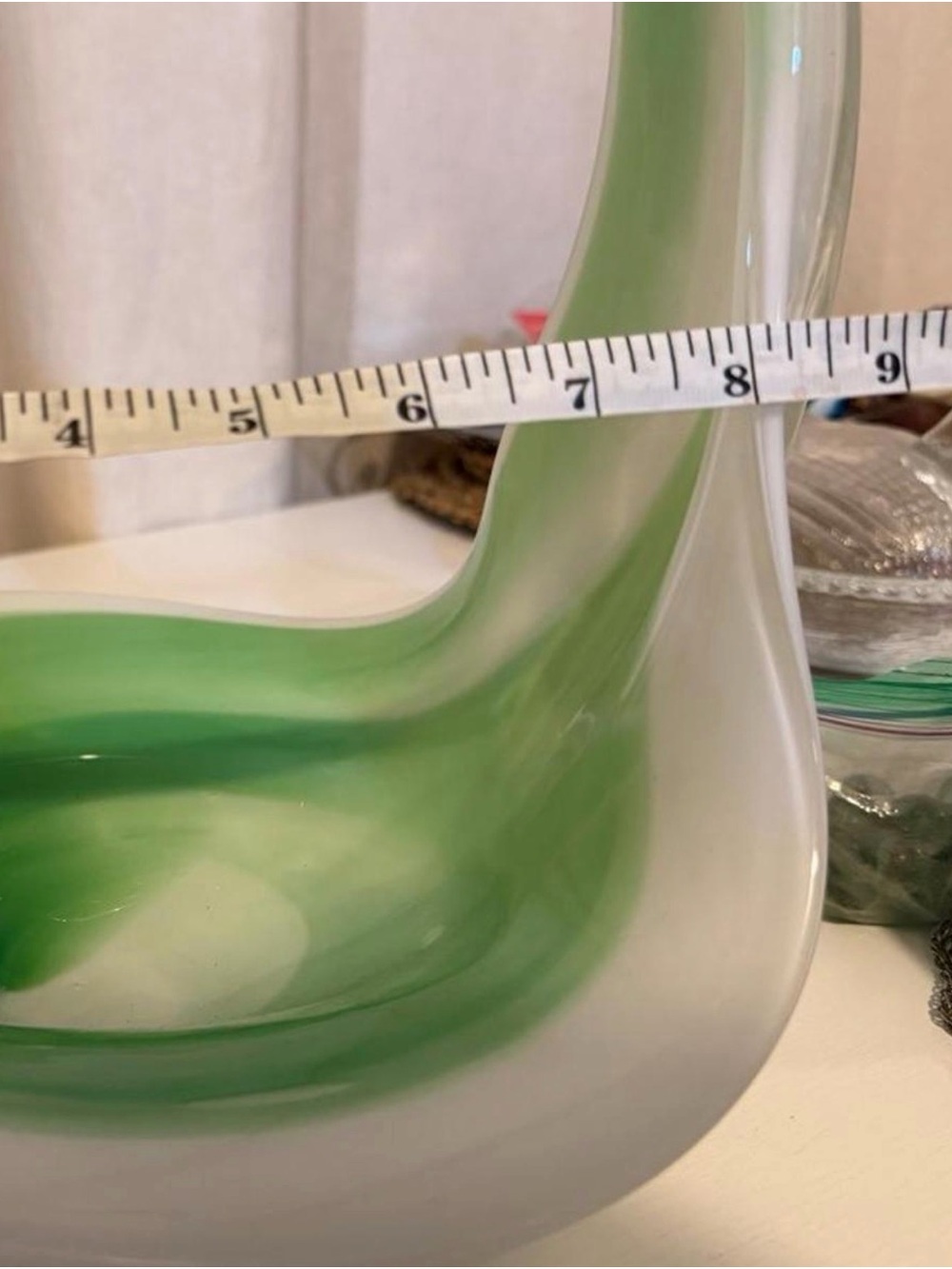 Vintage MCM Hand Blown Murano Style Green White Cased Art Glass Basket Bowl 12.5 - Picture 7 of 8